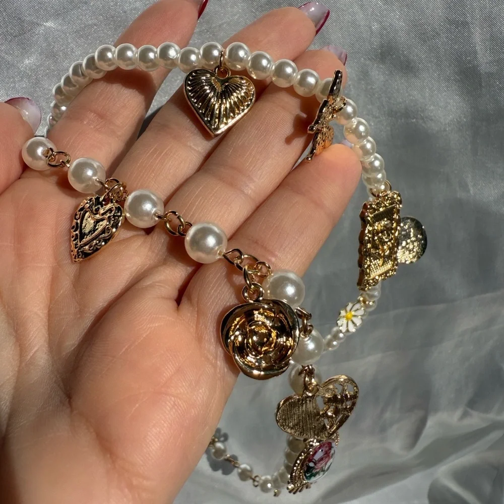Women 2x Gold and Pearl Charm Necklace